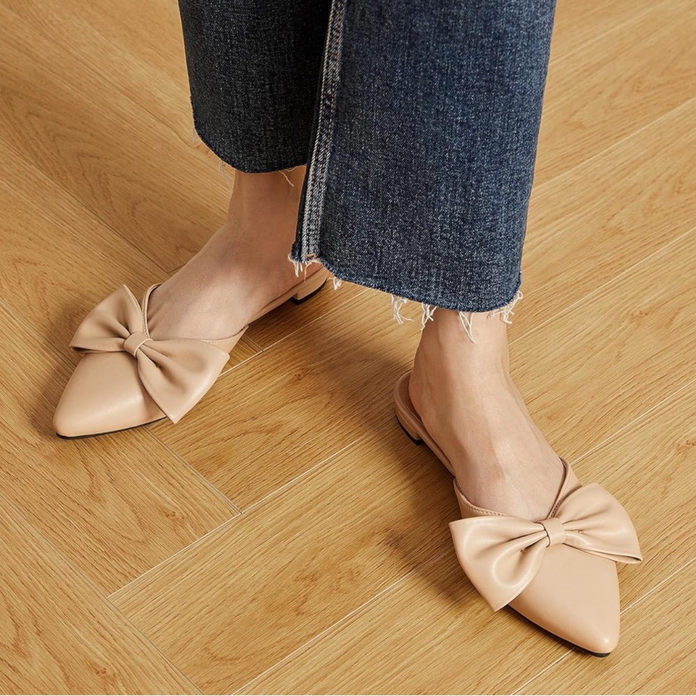 Trary Mules Bow Accent Pointed Toe Slip On Flats Tan Size 11 Retail For $39